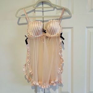 NWT Victoria’s Secret Pink White Striped Babydoll Lingerie Dress Nightgown 34C
